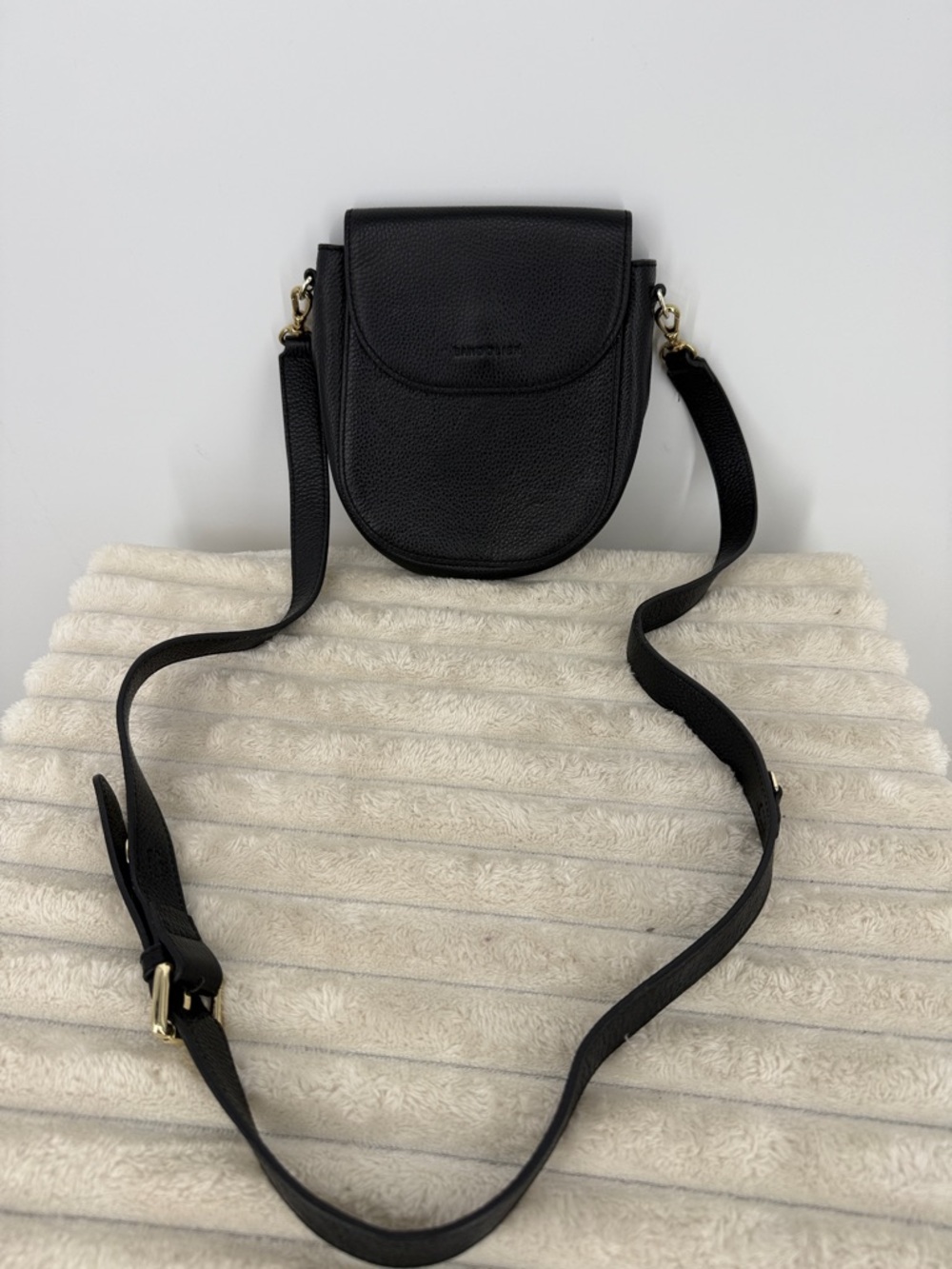 Bandolier “Shay” Black Leather Crossbody Bag gold hardware